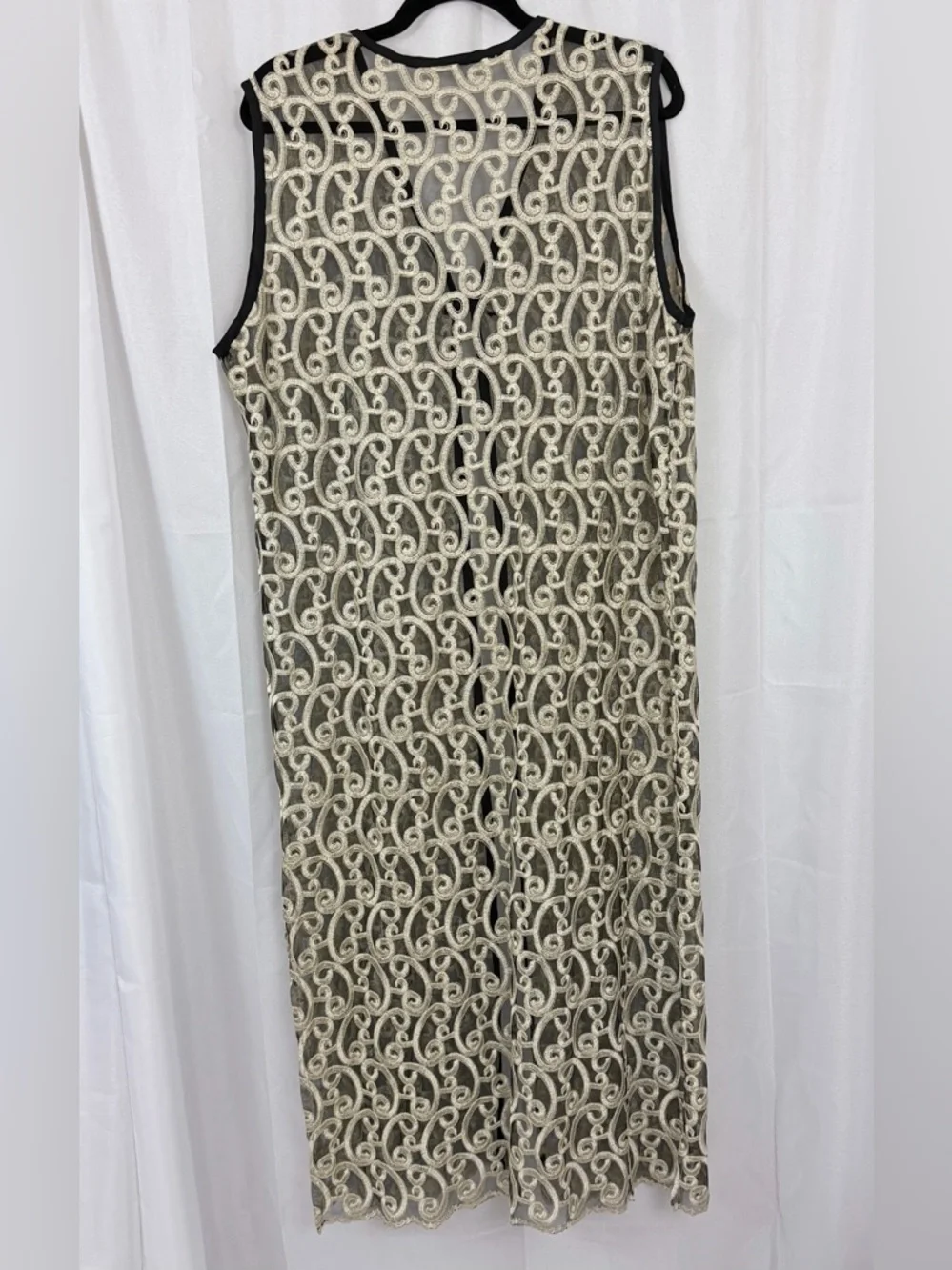 Vintage Black Sheer Maxi Vest/Duster w/ Cream Embroidered Swirl Lace Overlay XL - Picture 6 of 7